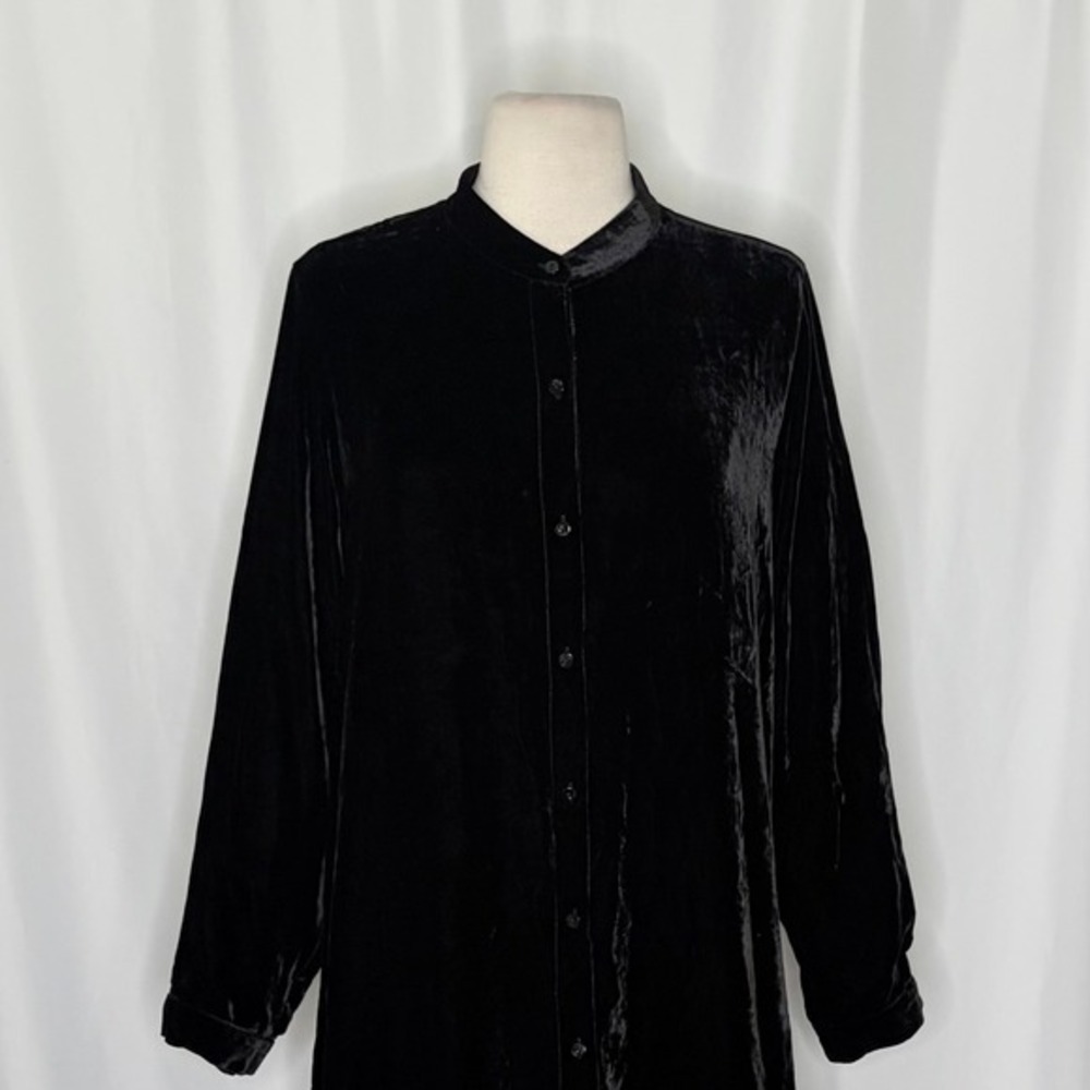 NWT! EILEEN FISHER Silk Velvet Mandarin Collar Top Buttondown Black Large Petite - Picture 4 of 14